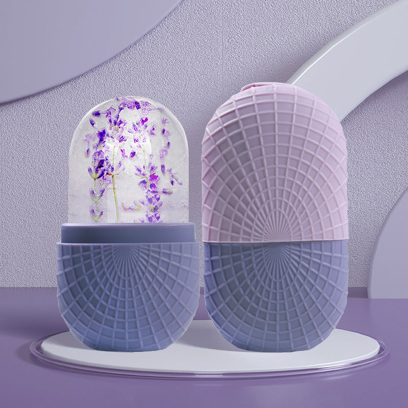 Purple and gray shoe with a transparent lid containing purple flowers on a light purple background